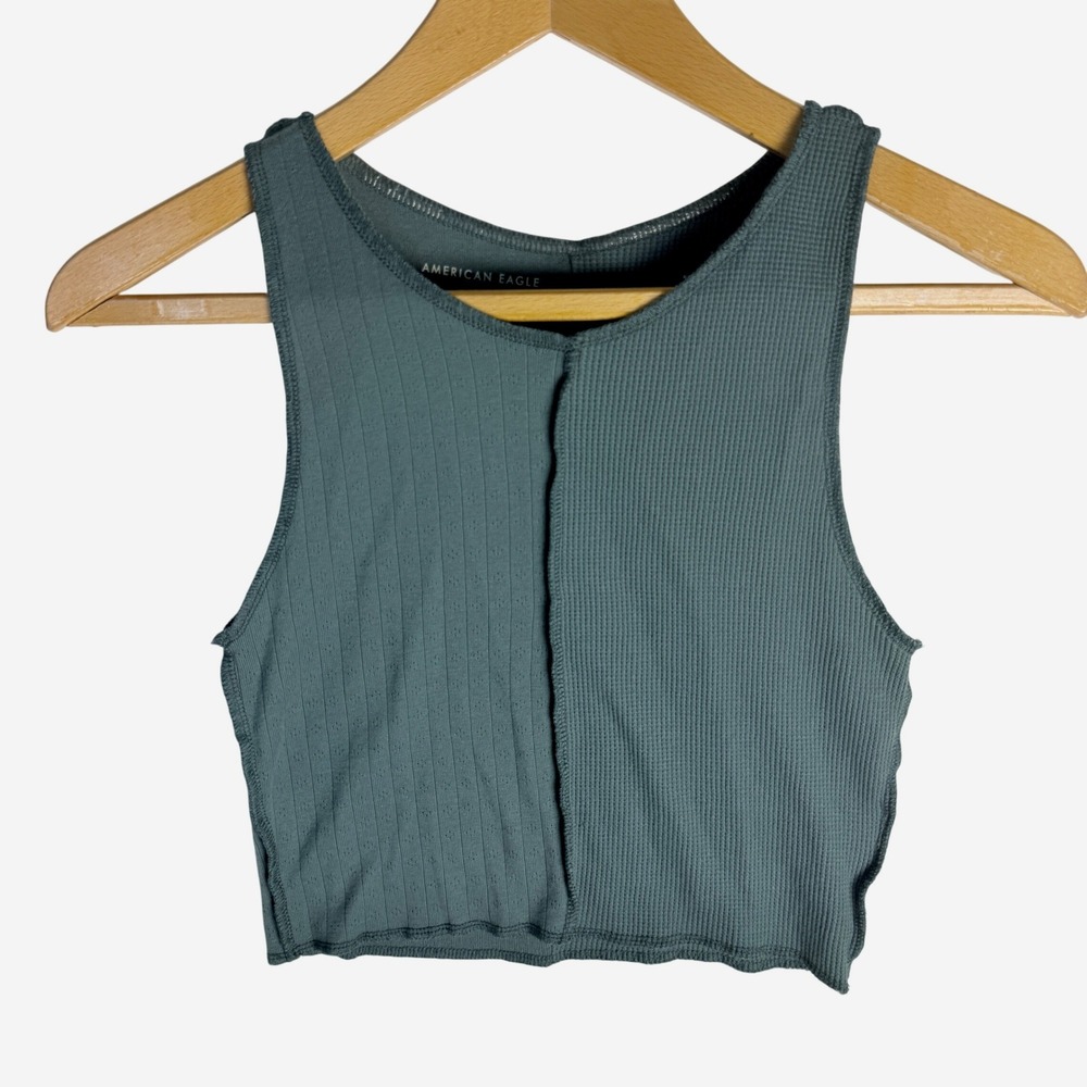 American Eagle Mixed Rib Waffle Knit Crop Tank Top Teal Blue Green Small